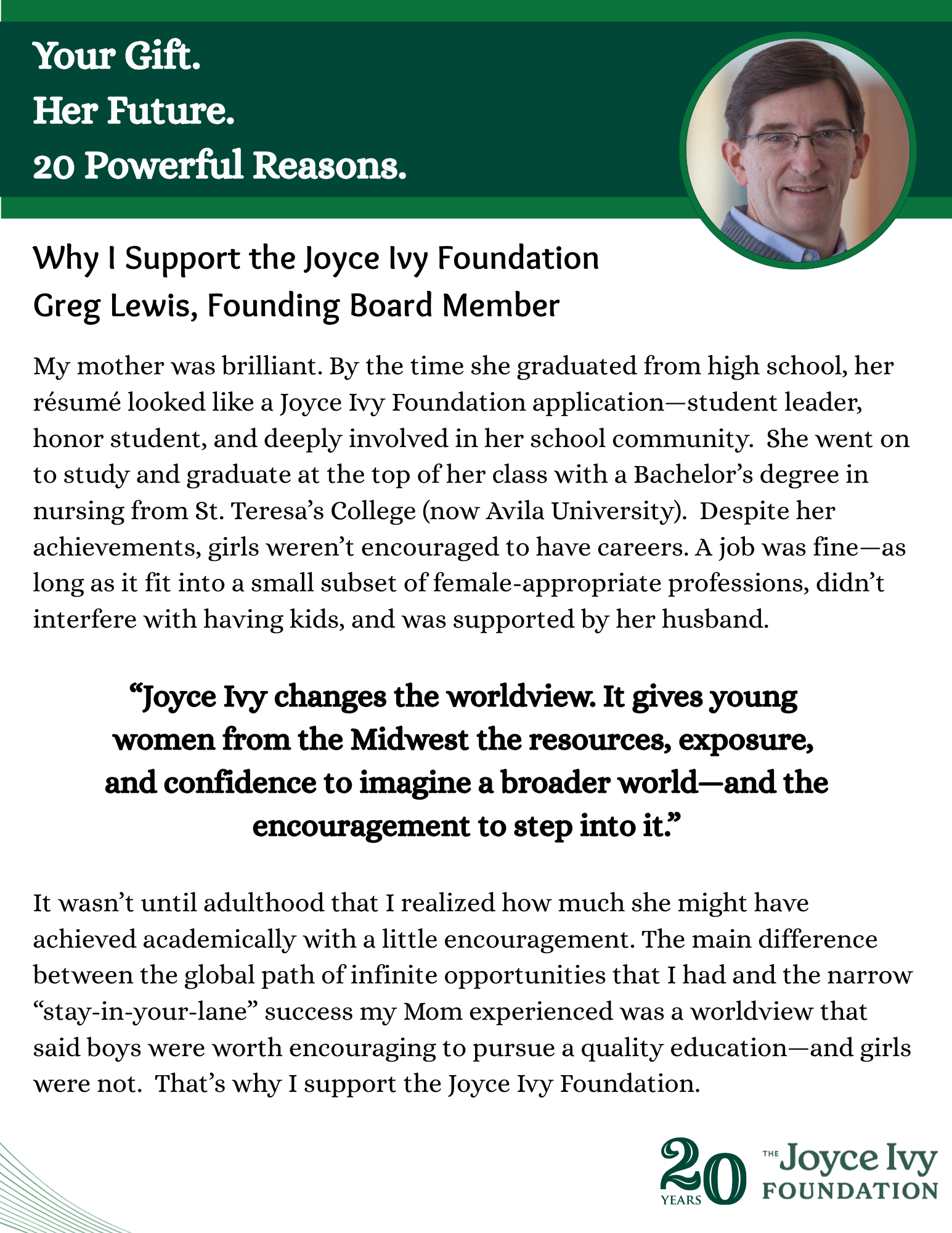Greg Lewis shares why he supports the Joyce Ivy Foundation